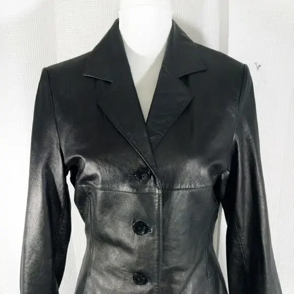 WILSONS LEATHER! RICH BLACK GENUINE LEATHER FITTED BUTTON FRONT JACKET! SZ M - Picture 3 of 12